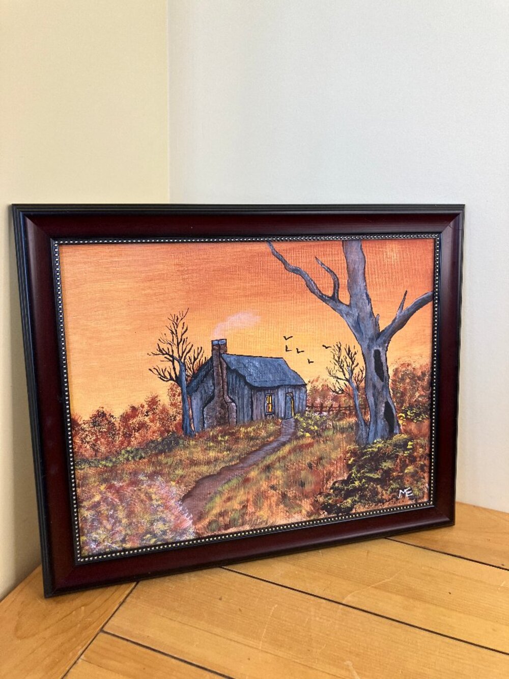 Country Cabin Autumn Sunset Framed Art Painting Artist Signed ME 11x14"